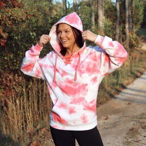 Southern Spirit Women's Tie-Dyed Draw String Hoodie Pink Size S